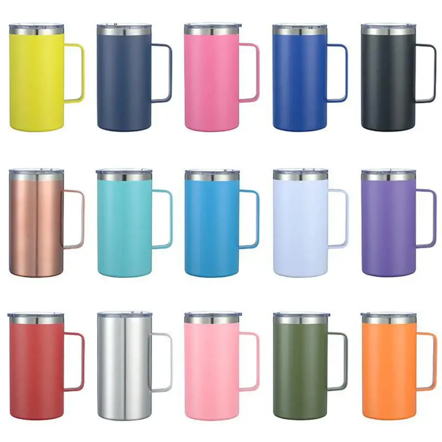 Insulated 24oz Stainless Steel Coffee Mug with Lid and Handle - Double Wall Vacuum Flasks Tumbler - Thermal Beer Cup - Includes 