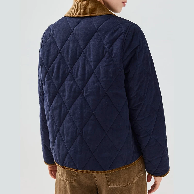 المرأة التباين سروال قصير تقليم مبطن سترة الرجعية التلبيب طوق زر أسفل طويلة الأكمام معطف الشتاء الدافئ معاطف امرأة خارجية