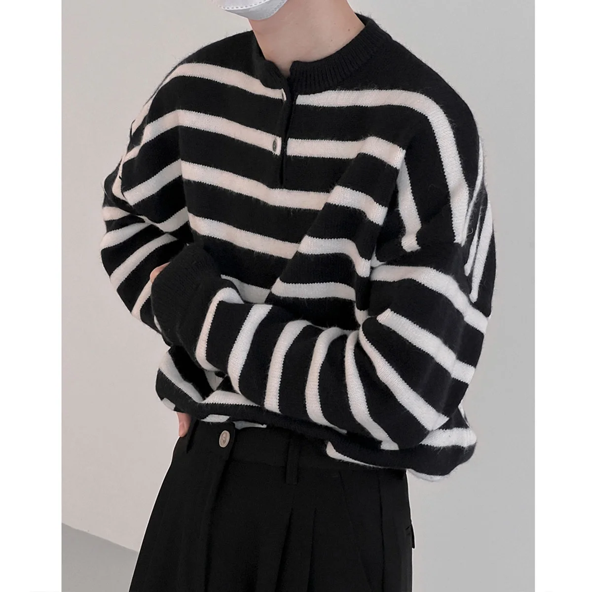 

Retro Striped Knitwear Button round Neck Casual Long Sleeve Loose Fit Youthful Autumn Winter Men's Sweater Stylish Versatile ...