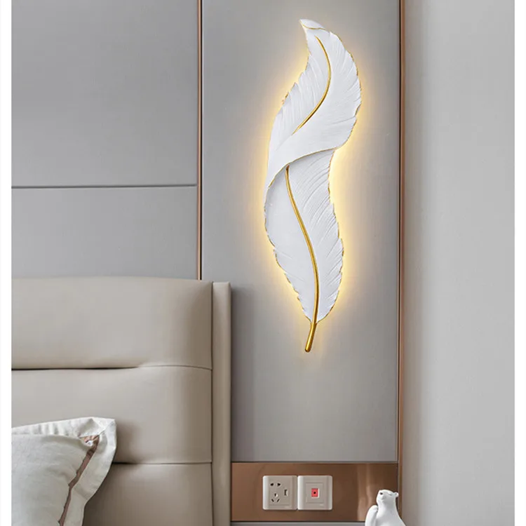 

Modern Scandinavian Design Feather Wall Lamp White Black Resin Creative Indoor Light for Bedroom & Living Room Remote Control