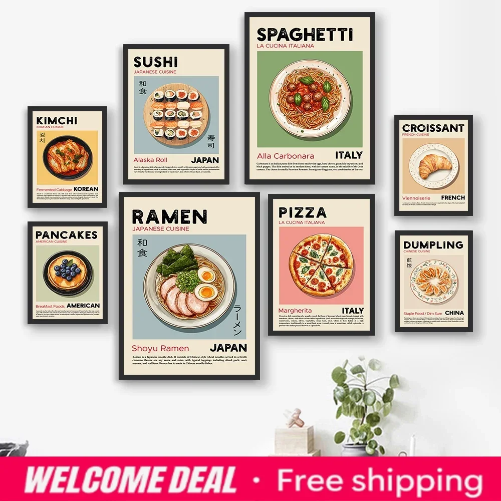Küchen-Lebensmittel-Poster Pizza Ramen Sushi Spaghetti Kimchi Pfannkuchen Croissant Knödel Wandkunst Leinwanddruck für Esszimmer Deko