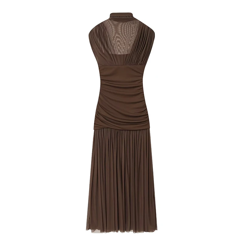 YENKYE Rosso Pieghettato Abiti Lunghi Da Sera Del Partito Per Le Donne di Modo Semitrasparente Maglia Patchwork Collo Alto Vestito Sexy Maxi Abiti