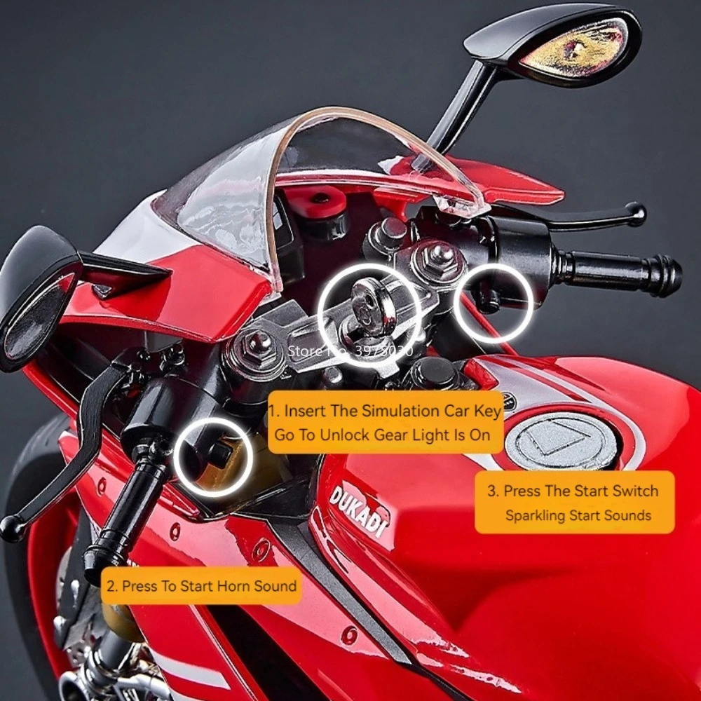 1:9 Scale 1299 Motorcycles Car Toy Alloy Diecast Model Light Music Spray Miniature Vehicle Key Start Toys for Kids' Edutainment