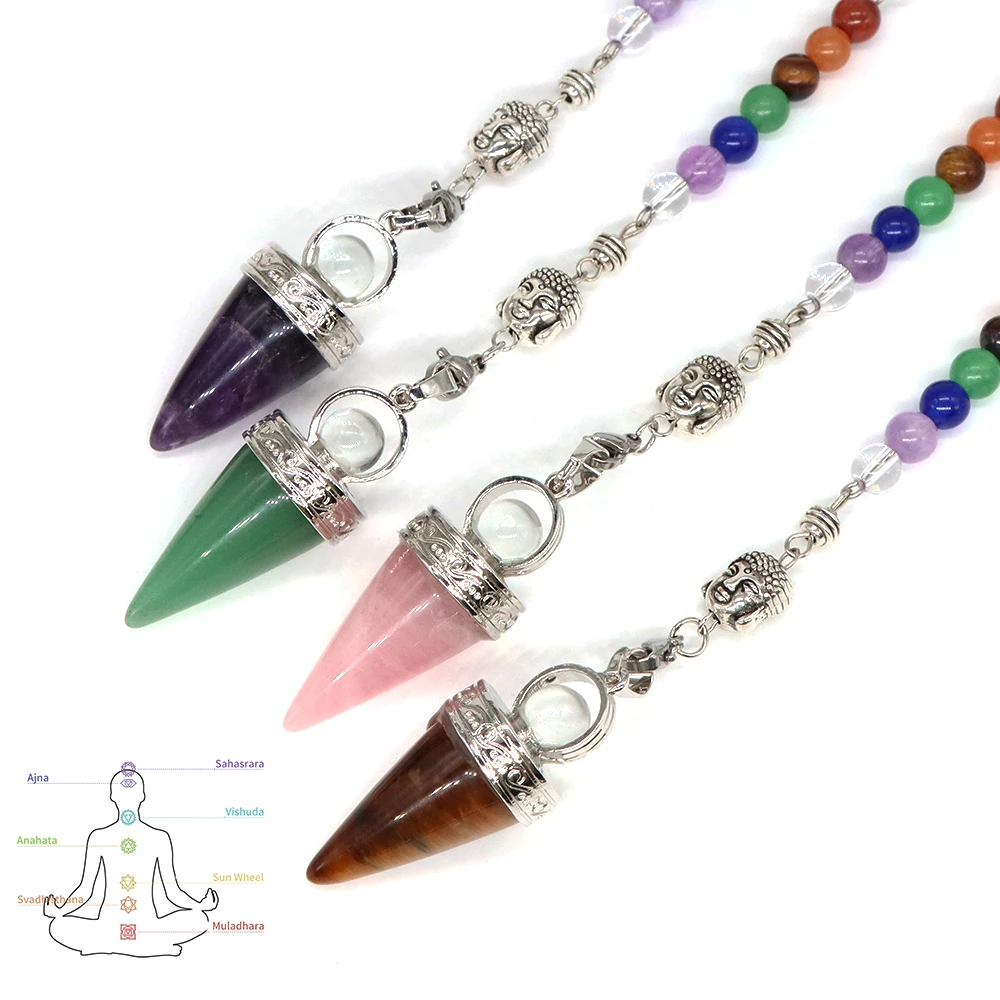 Natural Stone 3D Buddha 7 Chakras Chain Pendulum Reiki Healing Crystal Amulet for Dowsing Spiritual Divination Conical Pendulo