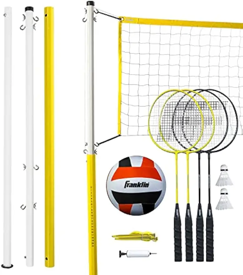 Portable Volleyball and Badminton Combo Set with Net, Rackets, Ball for Outdoor Family Fun