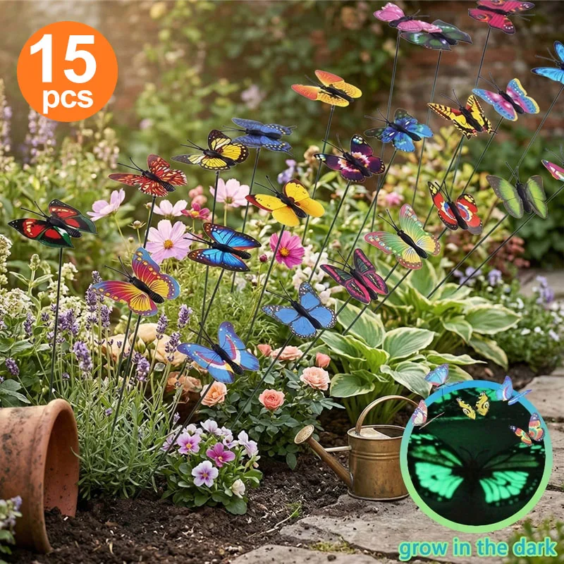 20 estacas fluorescentes con forma de mariposa para decorar el jardín, brillan en la oscuridad después de la exposición a la luz solar, perfectas para jarrones, césped, arreglos florales, decoraciones de jardín, decoraciones de patio al aire libre, decora