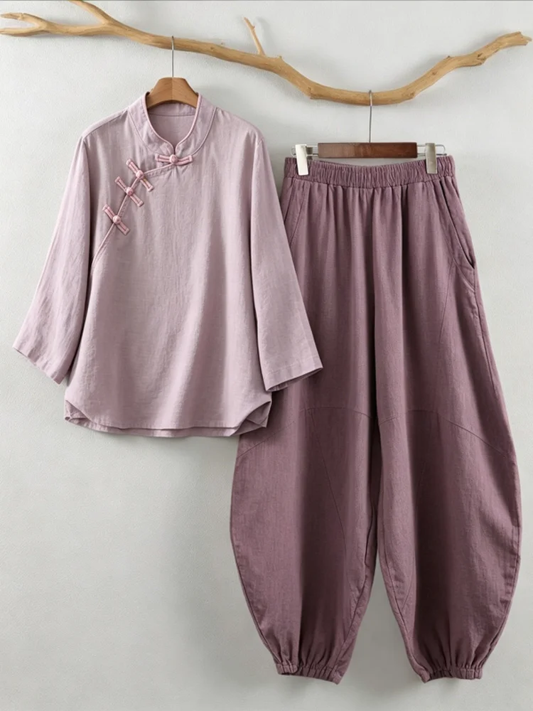 

New Chinese Style Loose Casual Cotton Linen Set Women Summer Tea Shirt Lantern Pants Two Piece Set Breathable Comfortable