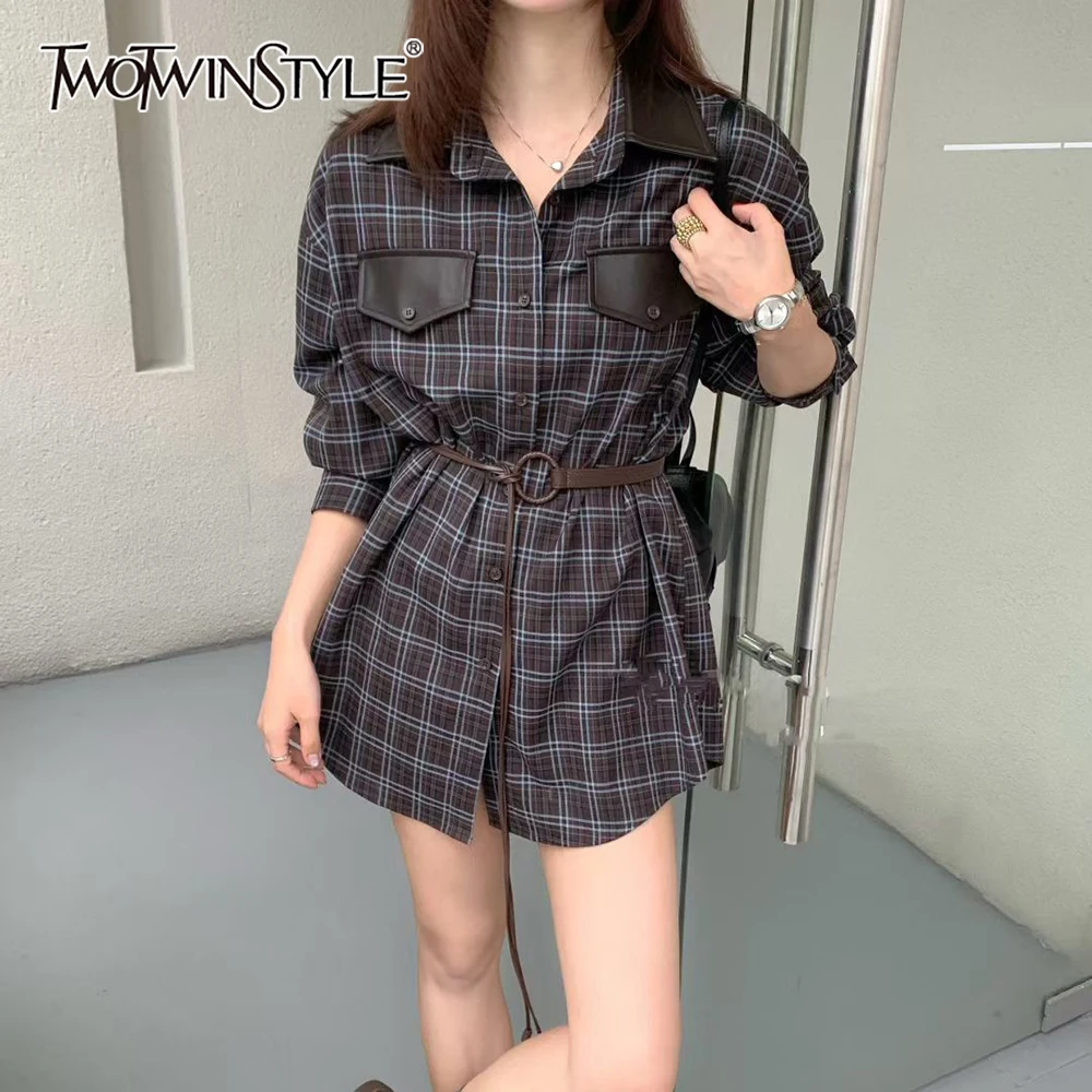 

TWOTWINSTYLE Solid Spliced Plaid Basics Shirt Female Lapel Long Sleeve Loose Casual Chic Women's Shirts Autumn Style New Fashion