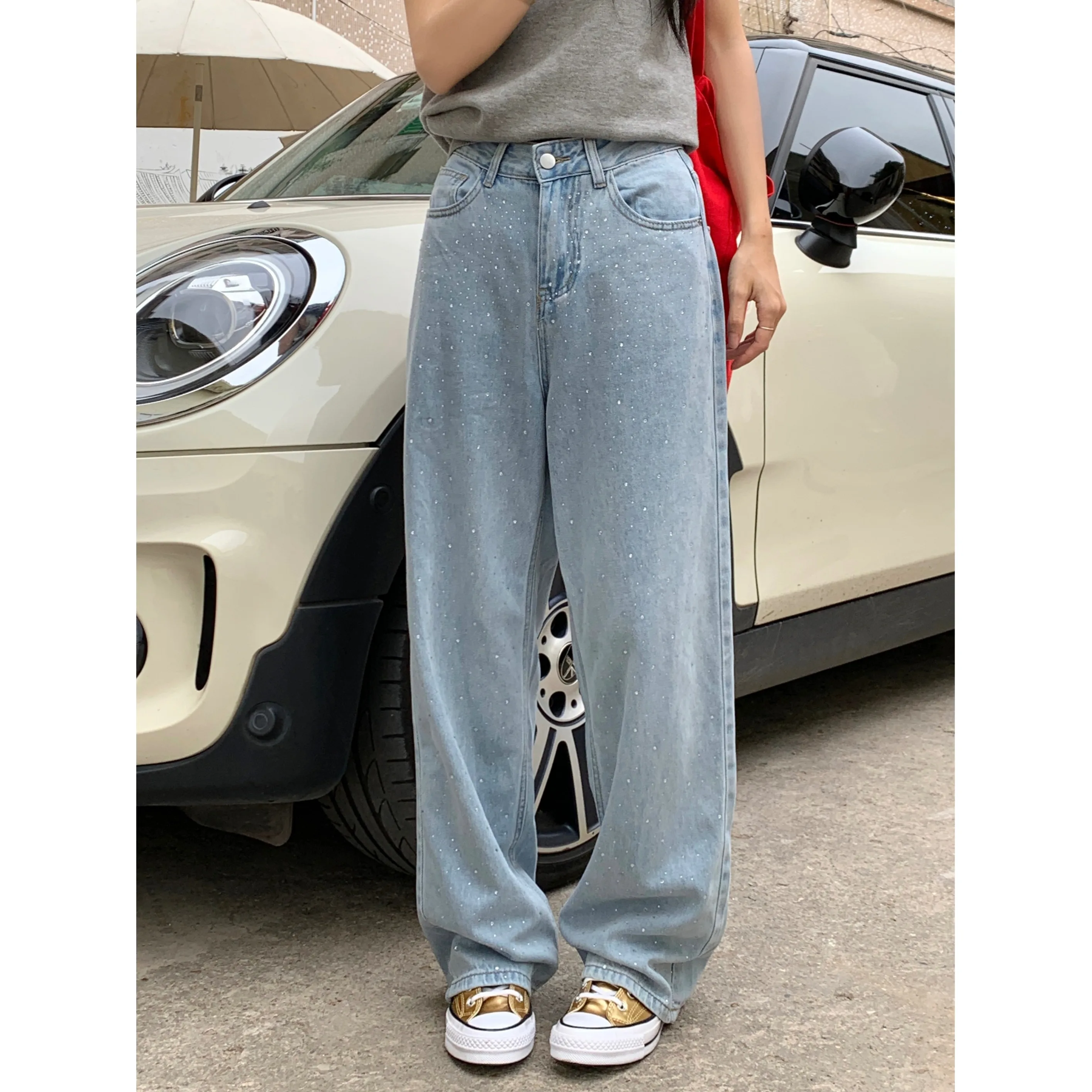 

High Waist Straight Leg Jeans Women's Casual Versatile Washed Slimming Jeans Cotton Polyester Blend Comfortable Fit Blue