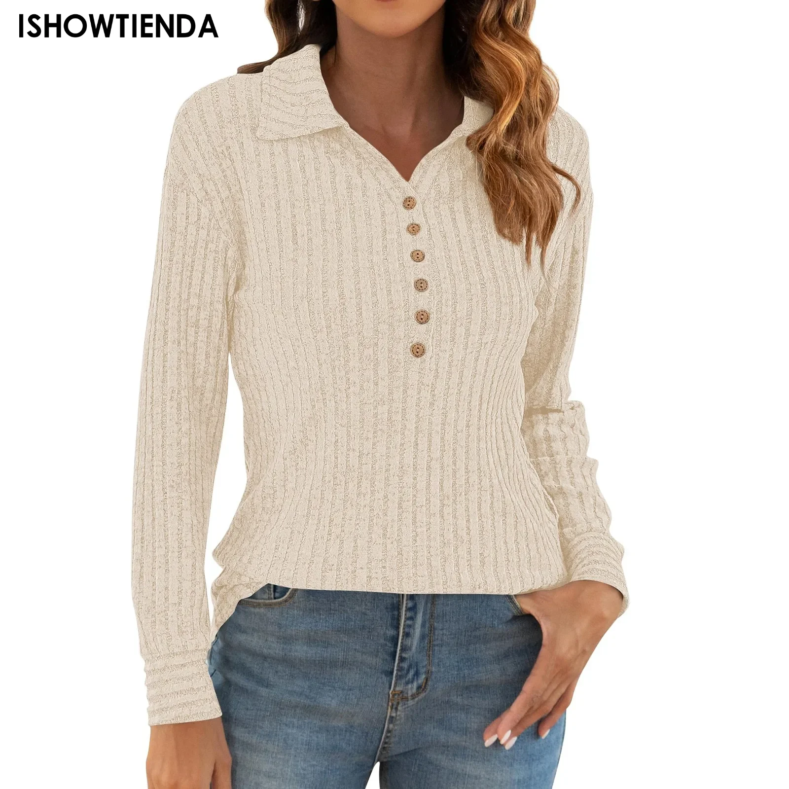 Women Sweater Pullover Basic Lapel Neck Ribbed Tops Solid Knitted Jumper Fall Winter Button Collared Tunic Lightweight Tops