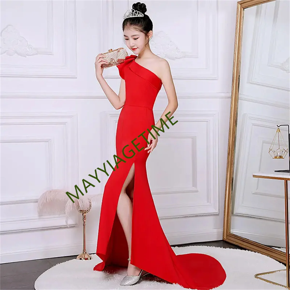 Side Slit Prom Dress for Kids Girls Age 7 11 12 13 14 Year Child Formal Evening Dresses Full Length Ruffle Birthday Party Gown