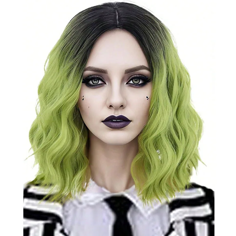 

Female Short Wig For Cosplay Style Middle Parting Black And Green Headgear Fashionable And Realistic Made Of Simulation Hair