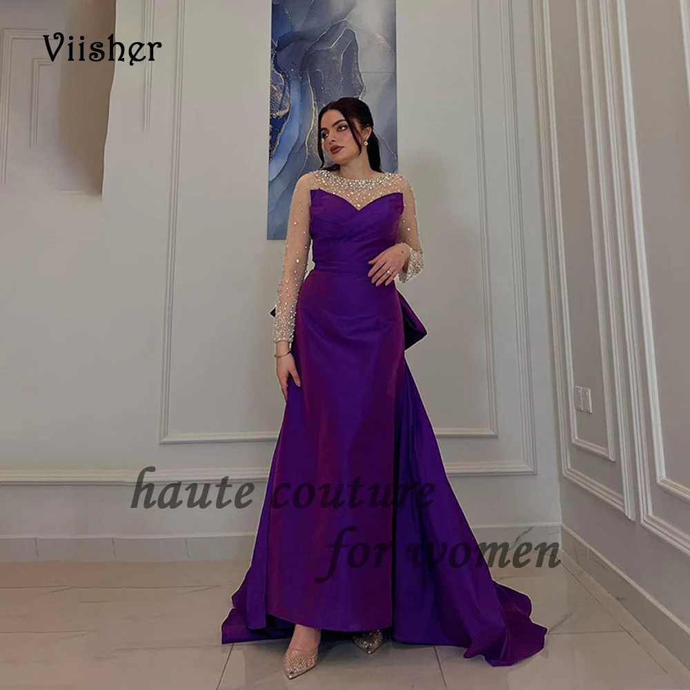 

Deep Purple Satin Mermaid Evening Dresses for Women Pleats Sweetheart Arabian Dubai Formal Prom Dress with Train Party Gowns