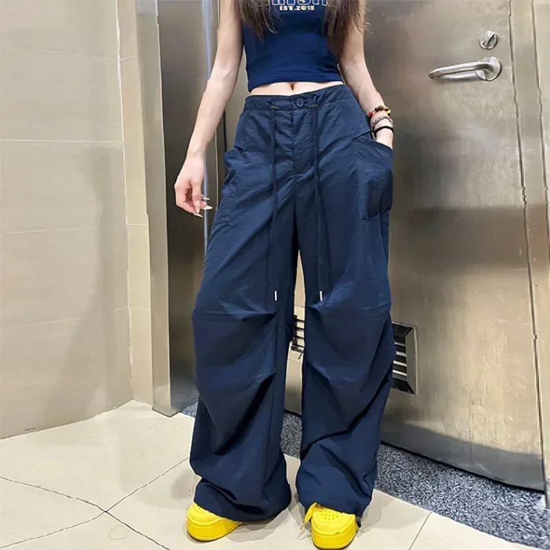 90S อเมริกัน Vintage Cargo กางเกงผู้หญิง Oversize หลวม Fit กระเป๋าขนาดใหญ่กางเกงขากว้าง Harajuku Streetwear Y2K Joggers กางเกง