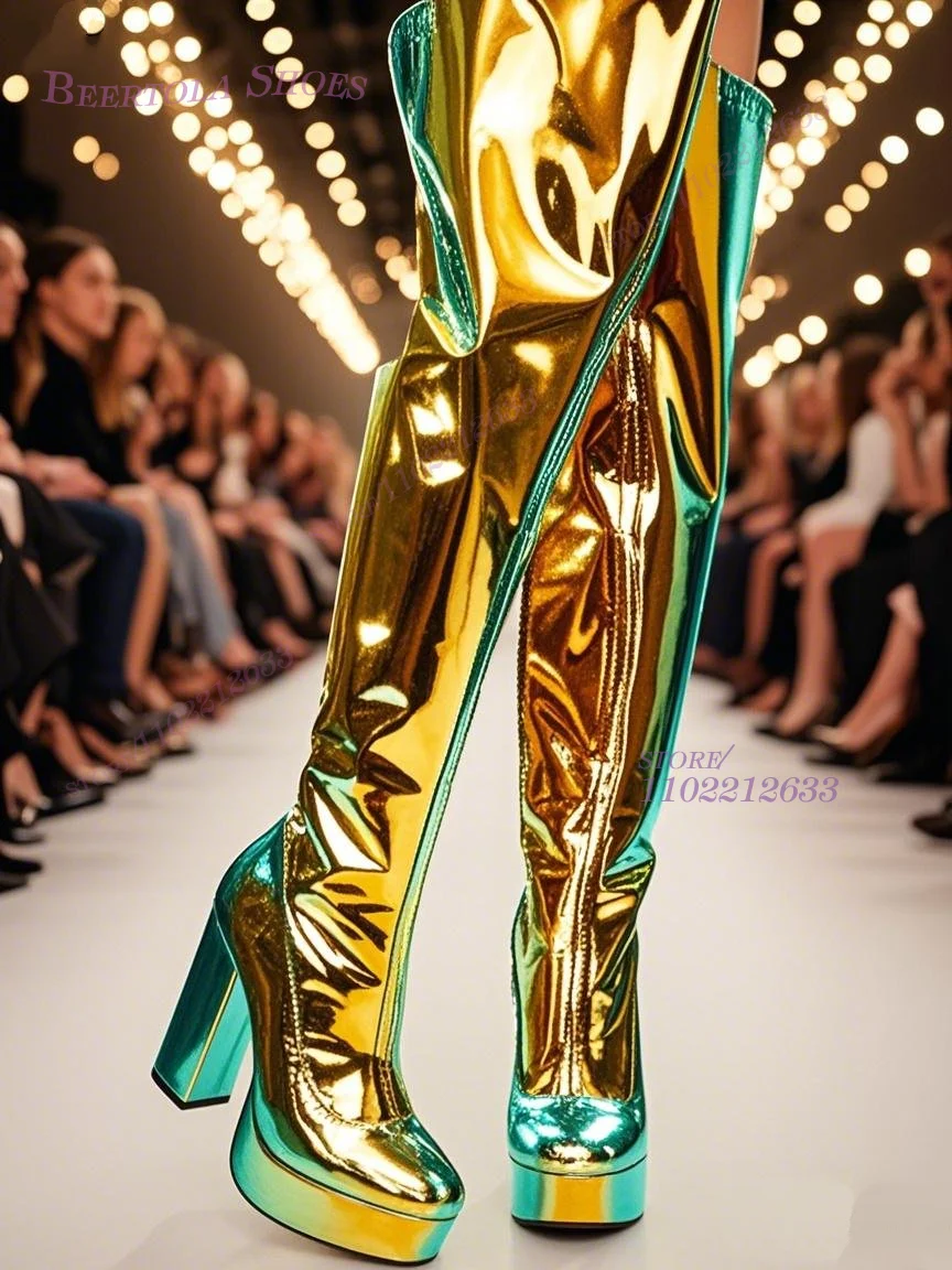

Shiny Metallic Gold Green PVC Stage Boots Women Bling Platform Sexy Zipper Thigh-High Boots Chunky Heel Round Toe Glitter Shoes