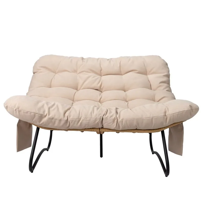 2-Seat curved wicker double sofa with magazine bag beige seat cushion garden sofa