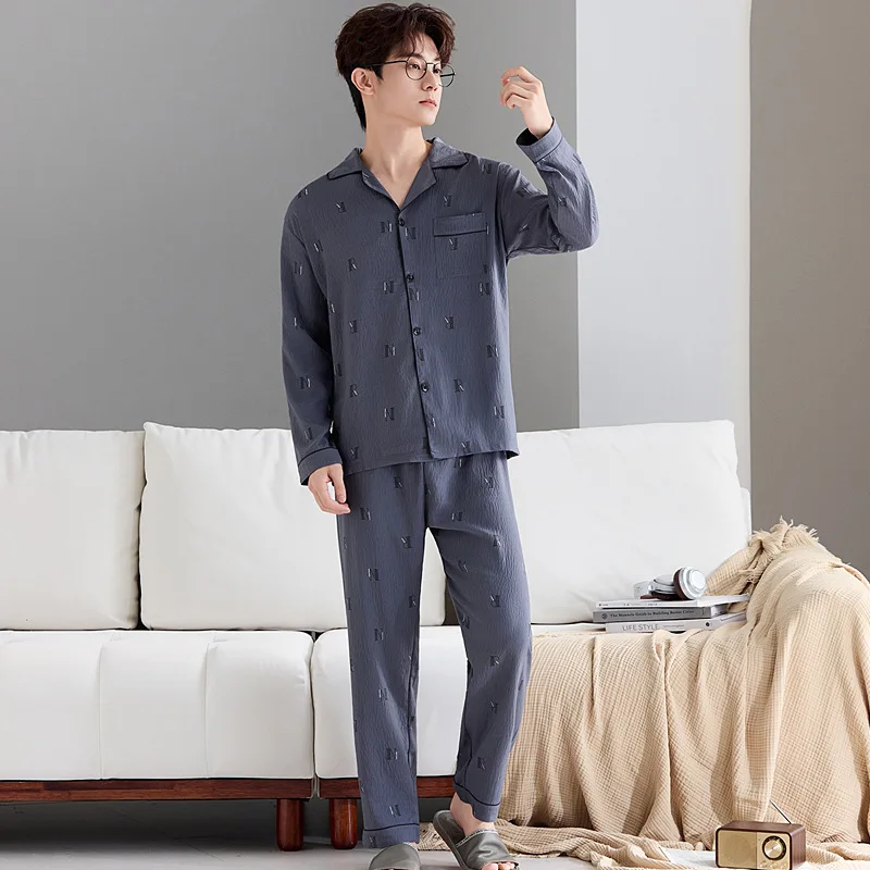 بيجامة رجالية فاخرة للخريف والربيع، قطن سحابي بأكمام طويلة، نمط بسيط مع تصميم حروف، مجموعة ملابس مريحة راقية