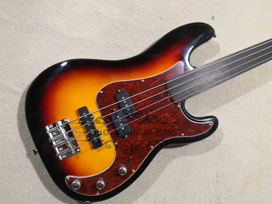 Fretless Bass Guitar 4 Strings Sunburst Bass Basswood Body Red tortoiseshell Pickguard  Fixed Bridge Chrome Tuners