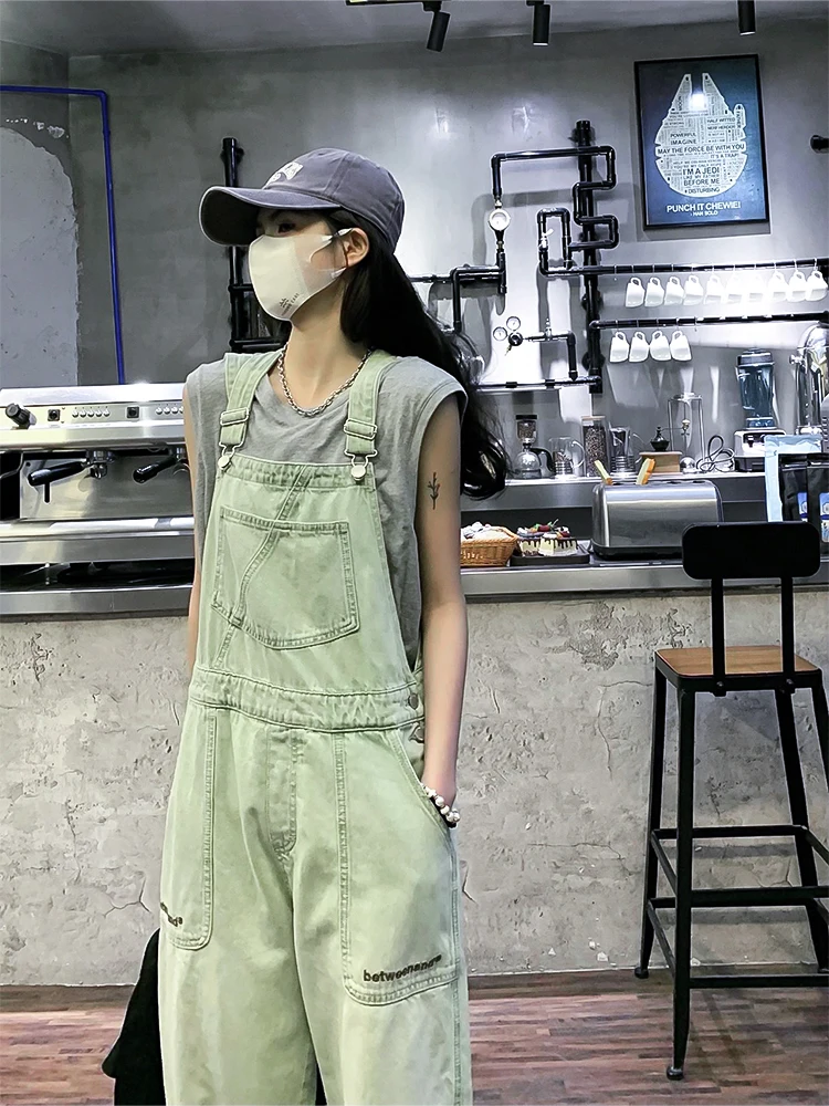 Winter Green Denim Overalls Pant For Women Y2k Streetwear Baggy Pocket Jeans Straight Bib Denim Rompers Trousers Korean Ladies