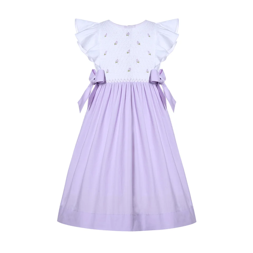 Pettigirl Kids Girls Toddler Purple Sweet Summer Hand Embroidered Smocked Midi Dresses Clothes Outfits Size 2 3 4 5 6 8 10 12 14