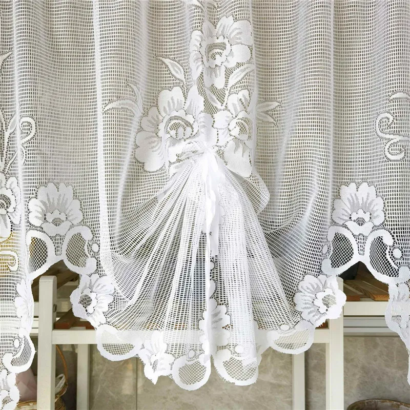 American Pastoral White Lace Balloon Curtain Lifting Tie-Up Roman Tulle Curtain Valance For Room Kitchen Door Partition Decor