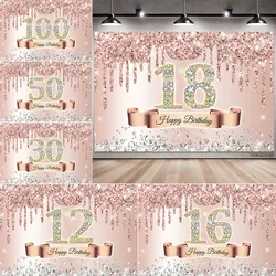 Rose Golden Happy 18th Birthday Party Backdrop Glitter Diamond Birthday Background Girl Sweet Birthday Party banner photography