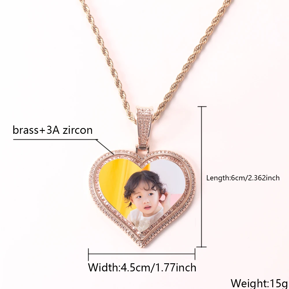 new Custom Hip Hop pendant Photo Sublimation Blank Necklace Jewelry Memory Pendant Neck Chain Crystal Heart Photo Necklace