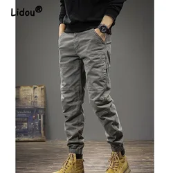 Fashion Slim Tie One's Feet Men's Cargo Pants Classic Pocket Street Casual Button Youth Solid Color All-match Male Trousers