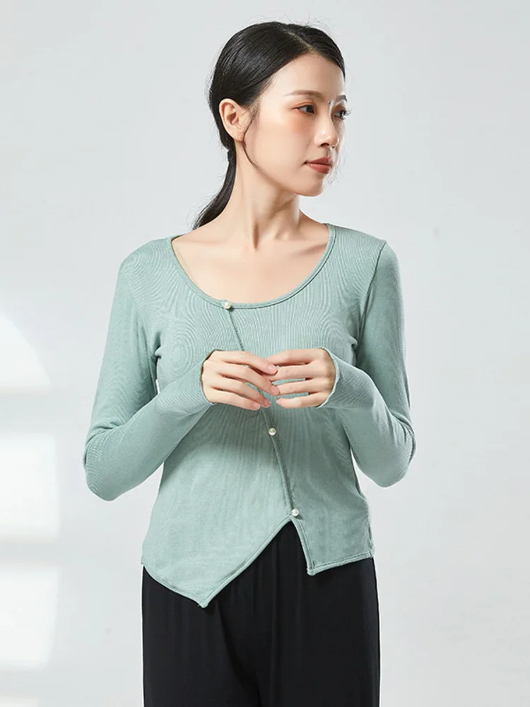 

Женская асимметричная тонкая рубашка для классических танцев, однотонный топ с квадратным вырезом и боковым разрезом для сценической практики