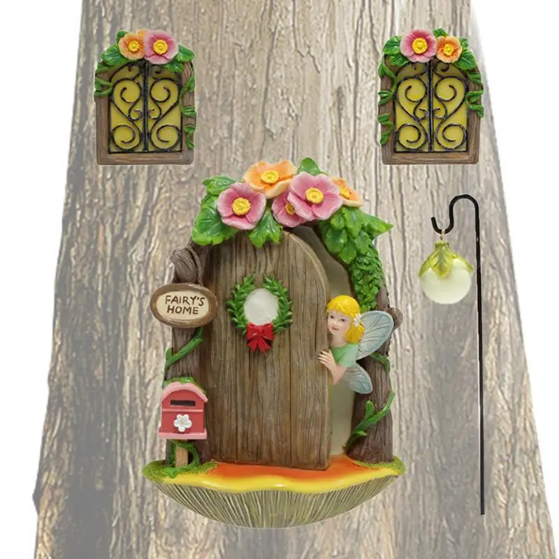 Fairy Door And Window Set Yard Garden Sculpture Lawn Ornament With Lantern Resin Glow In Dark Gnome House Fairy Doors For Kid