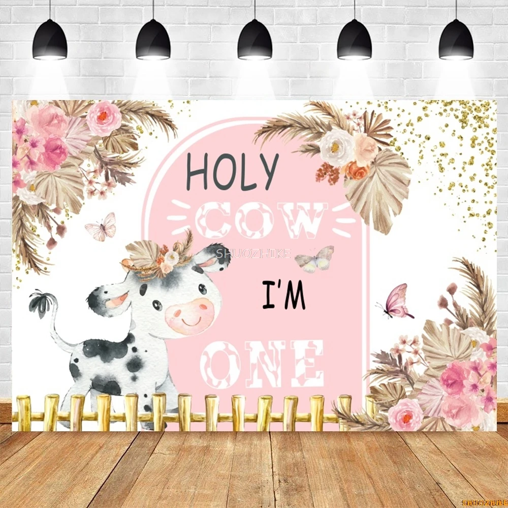 Holy Cow Baby Shower Backdrop Cartoon Farm Cow Cowboy My First Rodeo Kids 1st Birthday Photography Background Photo Studio Props