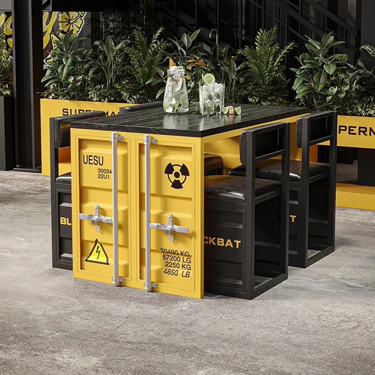 Industrial Bar Table & Chair Set Creative Industrial Theme Restaurant Iron Dining Table & Chairs