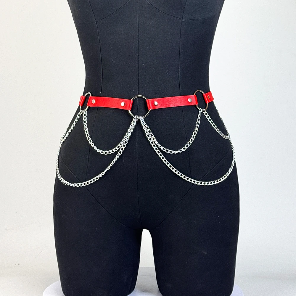 Women Fashion PU Leather Harness Belt Gothic Y2K Multi-layer Chain Waist Cincher Punk Adjustable Vintage O-Ring for Party Dress view 5