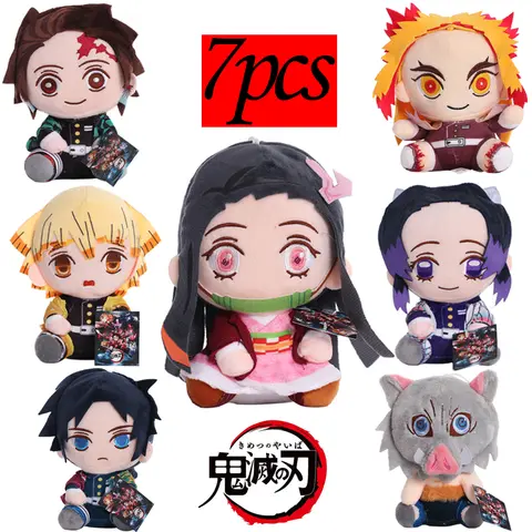 7pcs 20cm Demon Slayer Plush Doll Tanjirou Nezuko Zenitsu Anime Movie Stuffed Toy Kimetsu No Yaiba Game Plushie Figure Kids Gift