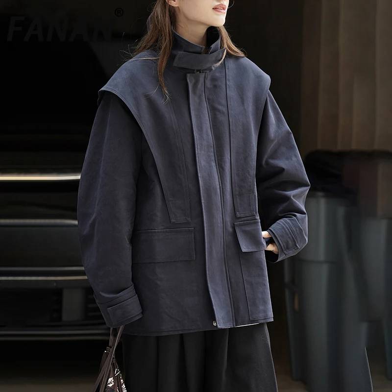 

FANAN Vintage Stand Neck Trench For Women Spliced Design Fit Windbreaker Temperament Short Coats Fashion 2025 Autumn New