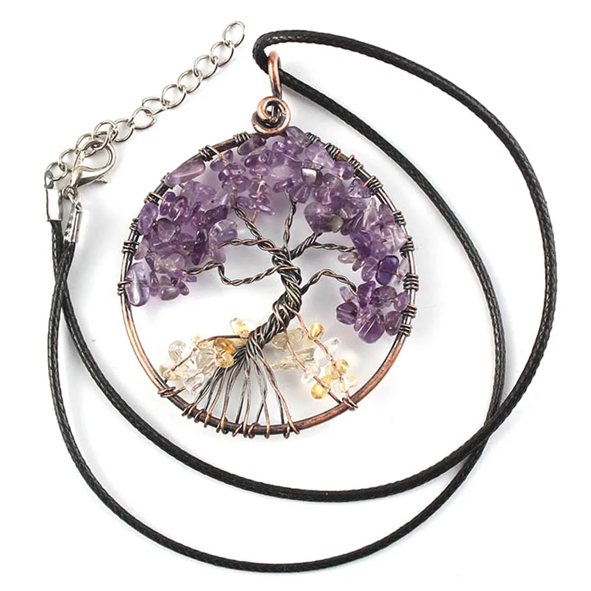 Antique Copper Wire Wrapped Tree of Life Stone Pendant Necklace For Women Nautral Amethyst Citrine Crystal Chip Gemstone Jewelry