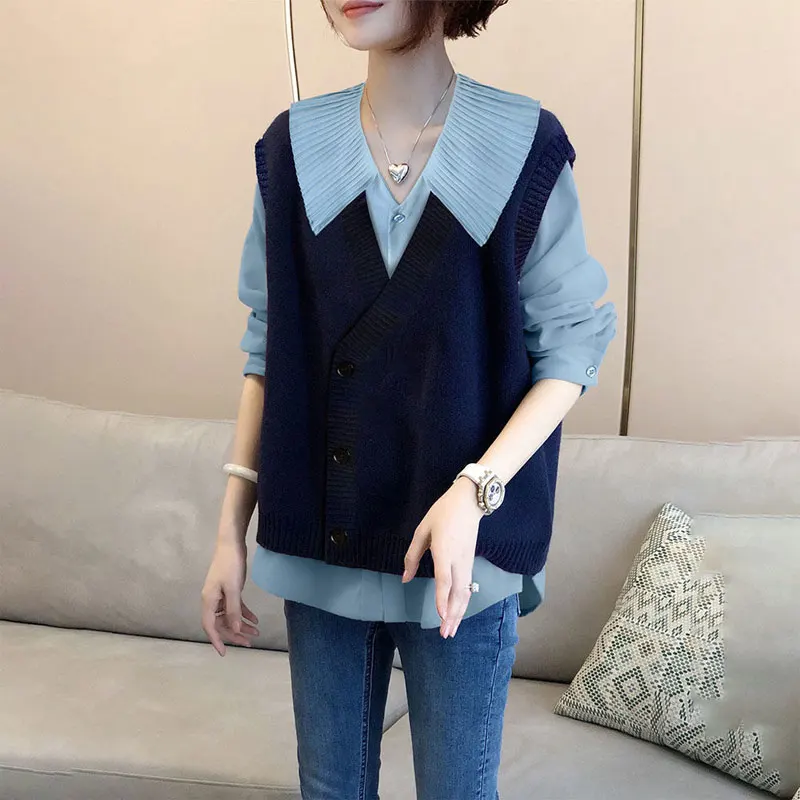 Stylish 2023 Turn-down Collar Casual Single-breasted Blouse Korean V-Neck Knitted Sweater Vest All-match Solid Color Loose Shirt