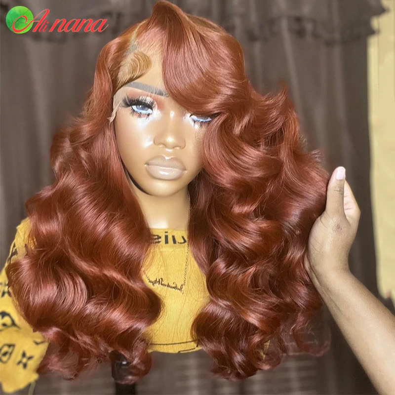 Perruque Body Wave Brésilienne Naturelle, Cheveux Humains, Brun Rousse, 13x6, Dentelle Transparente, pour Femme Africaine