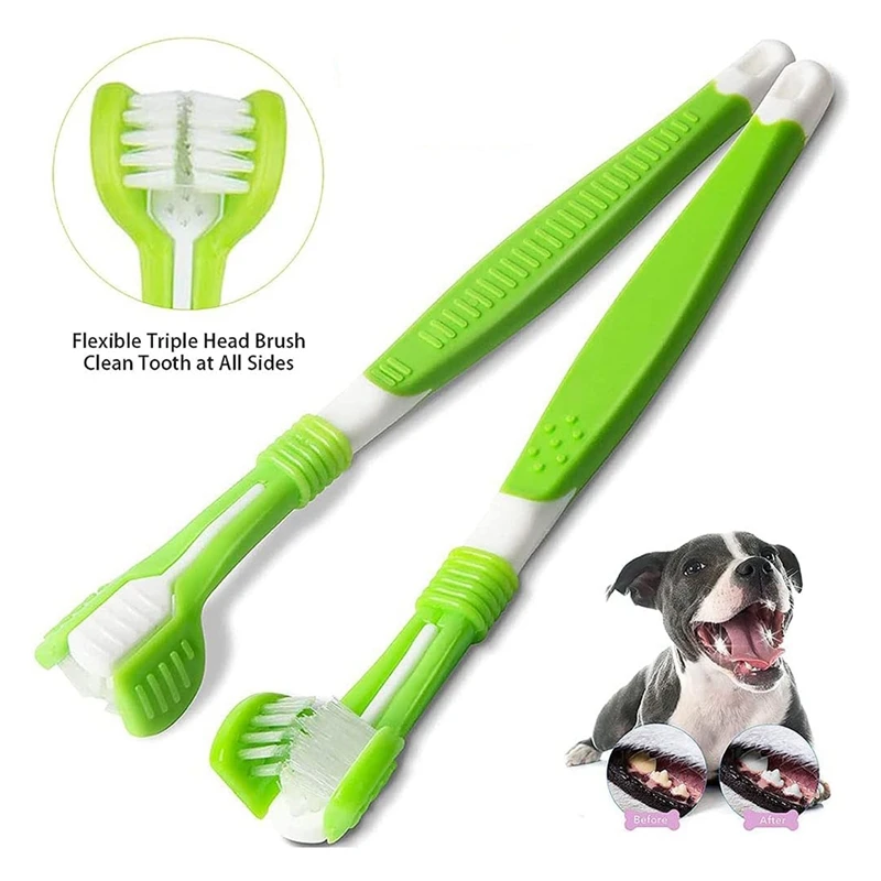 4トリプルヘッド犬用歯ブラシ、3パック、ゴム、マルチアングル、ペット用