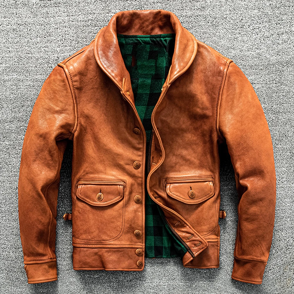 New Fashion Youth Mans Sheepskin Jacket Coat Real Sheep Leather Single Breasted Mens Coats Vintage Orange Green Autumn/Winter