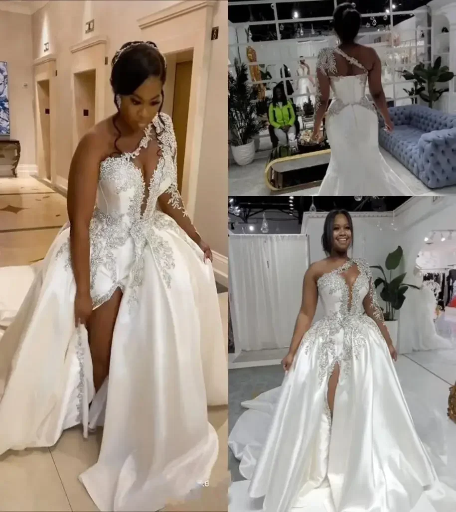 

Customized One Shoulder Long Sleeve Wedding Dresses Sparkly Lace Beaded Arabic Aso Ebi High Slit Garden 2025