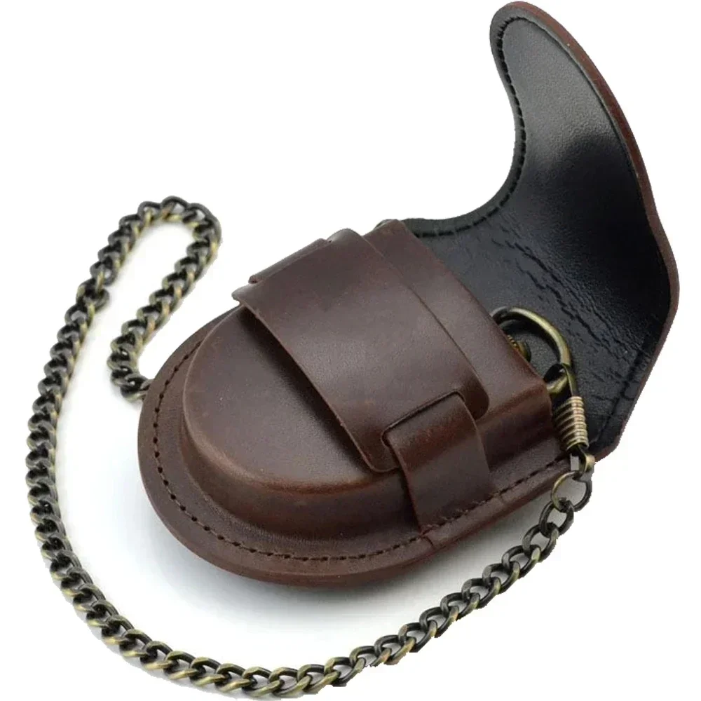 Fashion Male Black Brown Cover Vintage Classic Pocket Watch Box Holder Storage Case Coin Purse Pouch Bag with Chain