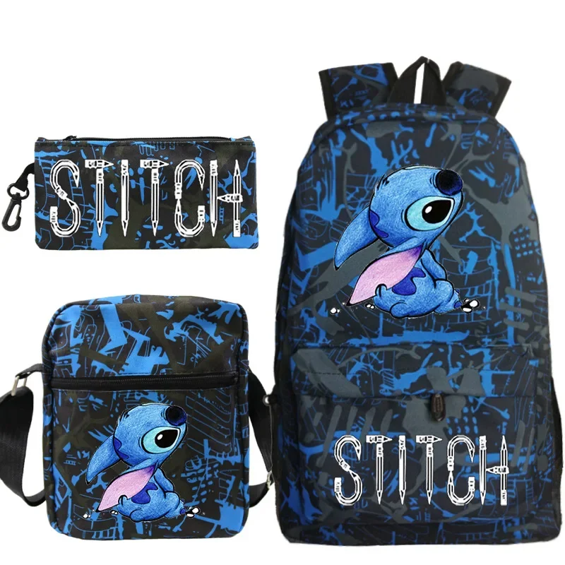 Disney Stitch Lightweight Student Schoolbag Set, mochila infantil de grande capacidade, moda, novo, 3 peças