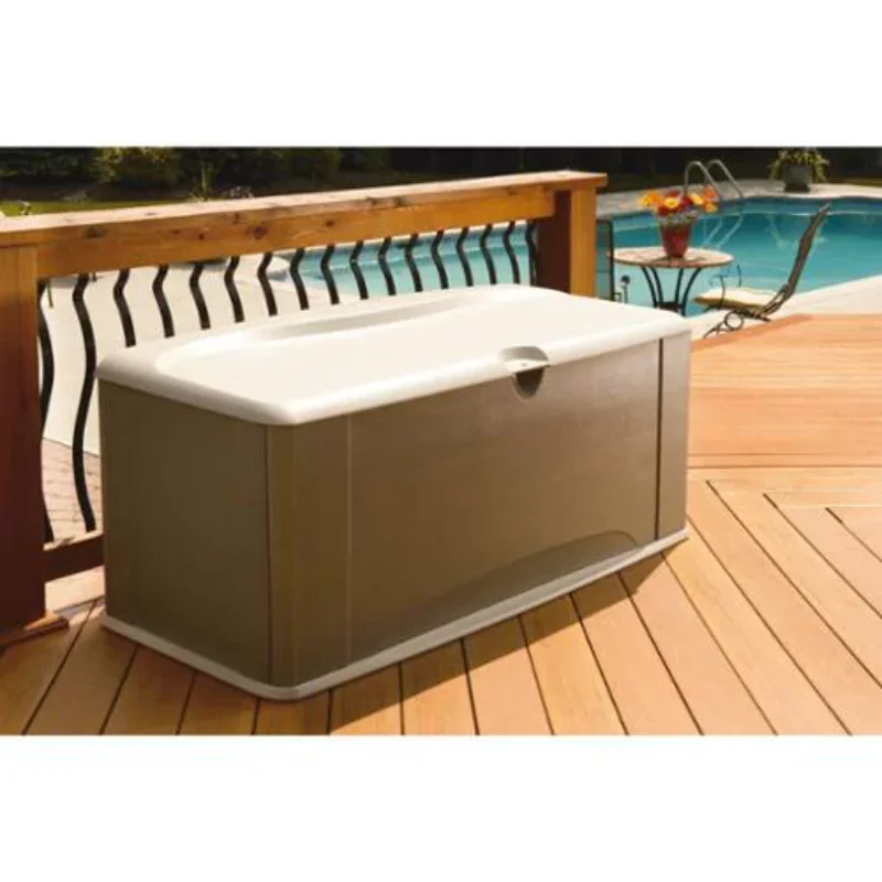 Rubbermaid Outdoor Extra-Large Deck Box Outdoor Storage Box with Seat, Gray & Brown, 121 Gallon