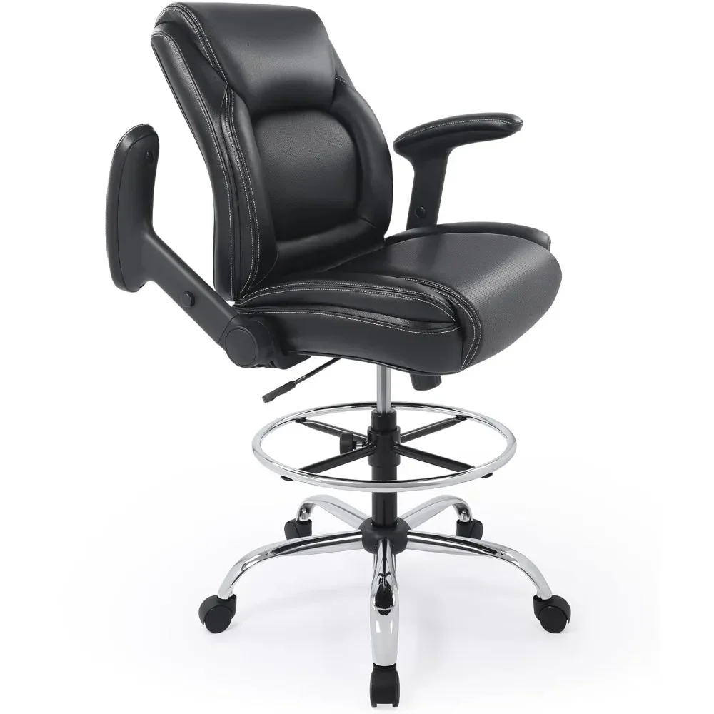 Ergonomic Mid-Back Premium Faux Leather Adjustable with Multi-Function Arms and Foot Ring, Tall Swivel Computer Office Stool