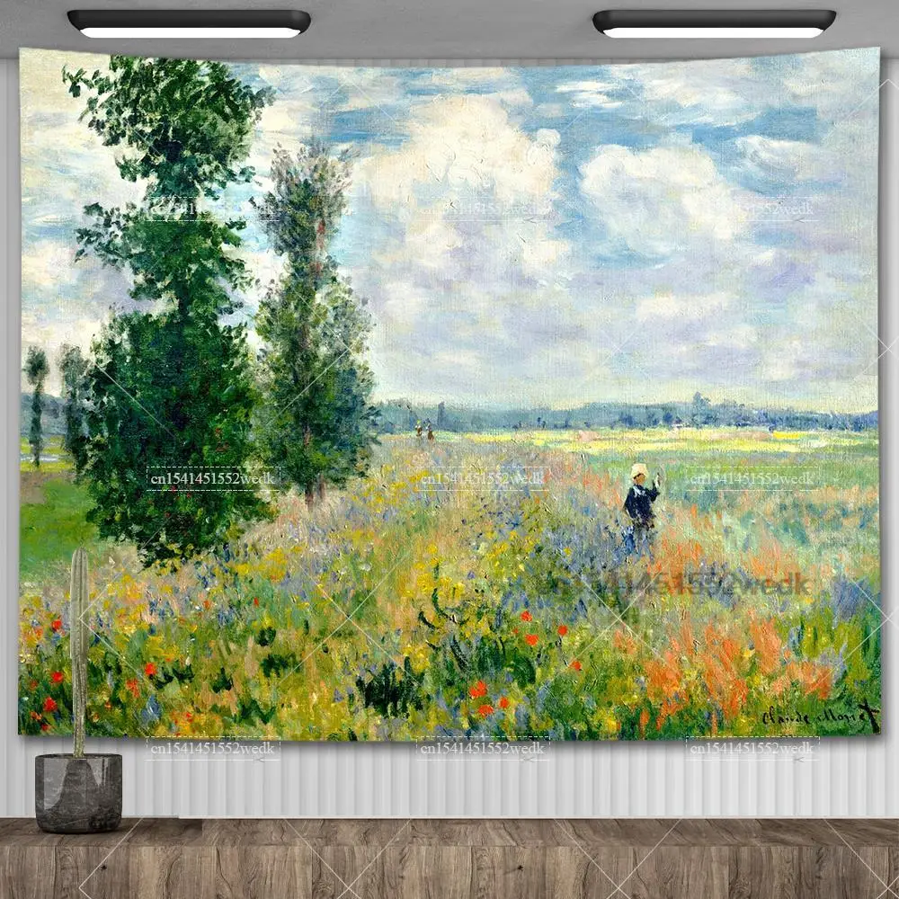 Pintura al óleo de lirio de agua de Claude Monet, tapiz colgante de pared, decoración de habitación estética, obra de arte, tapiz de paisaje,