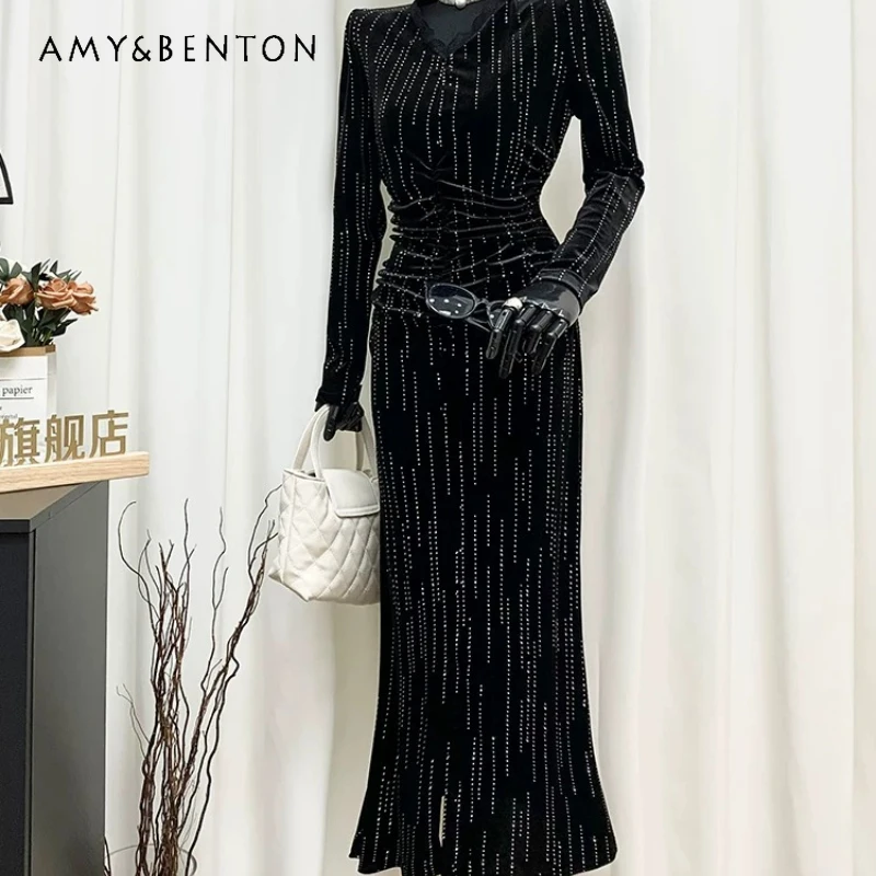 

Black Heavy Industry Hot Diamond Velvet Long V-neck Women's Dress 2026 Spring New Slimming Temperament High Waist Dresses Ladies