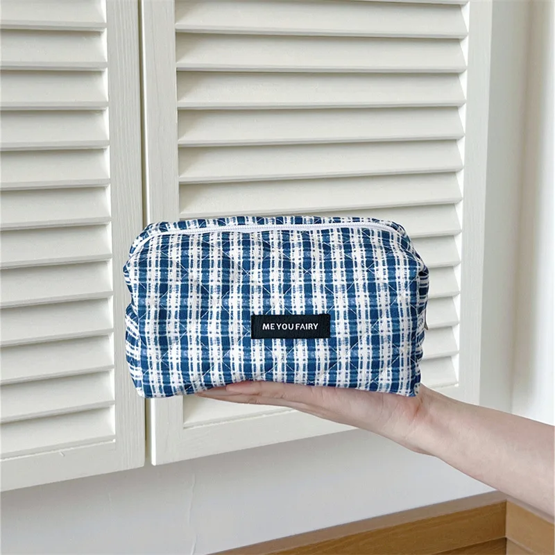

Blue White Plaid Makeup Bag Korean Fashion 2025 New Large Capacity Cosmetic Organizer Travel Case Brush Holder Portable