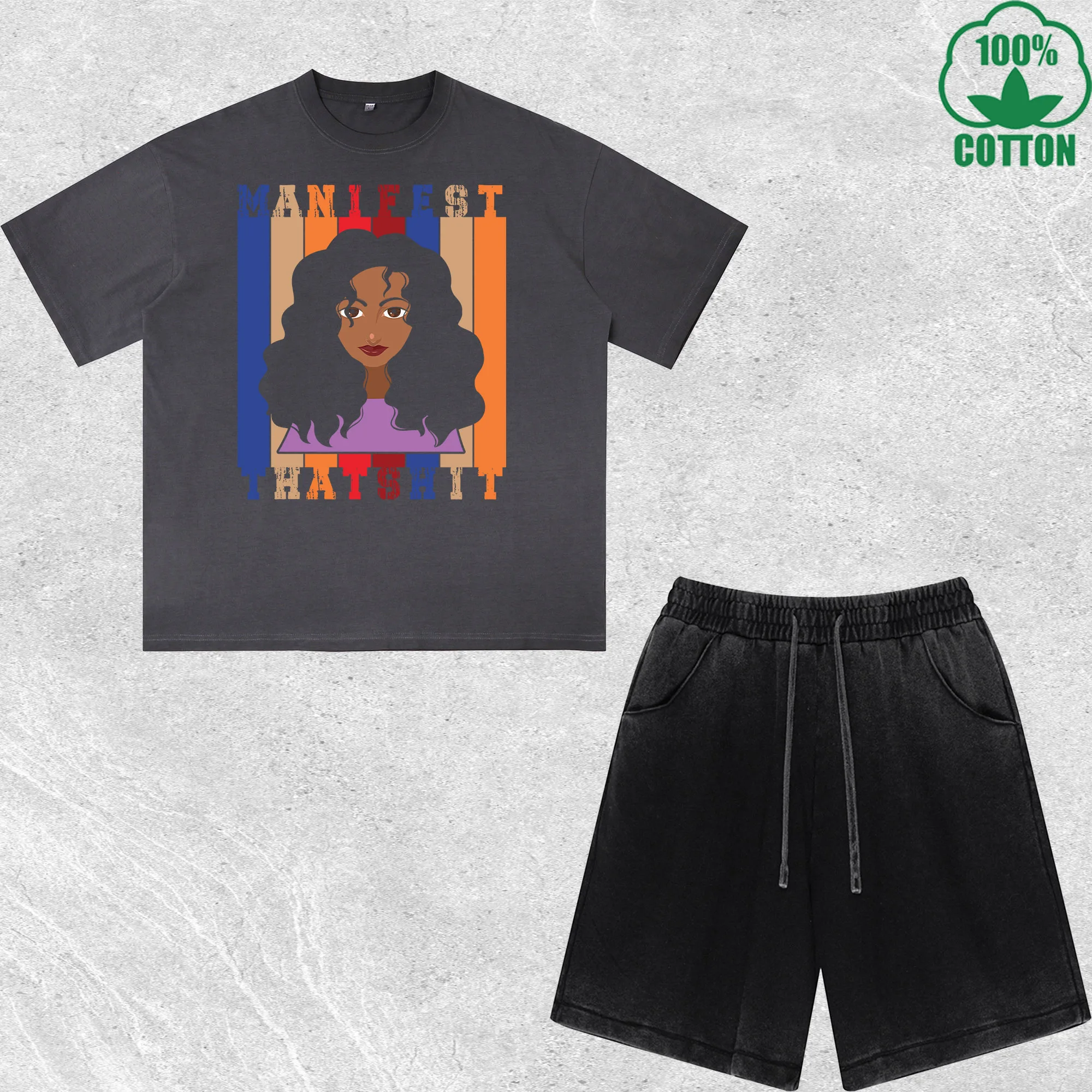 

Manifest Thatshit Printed Dirty Wash T-Shirt Shorts Set Multicolor Combo Loose Trendy Fashionable 100%Cotton Short Value Pack