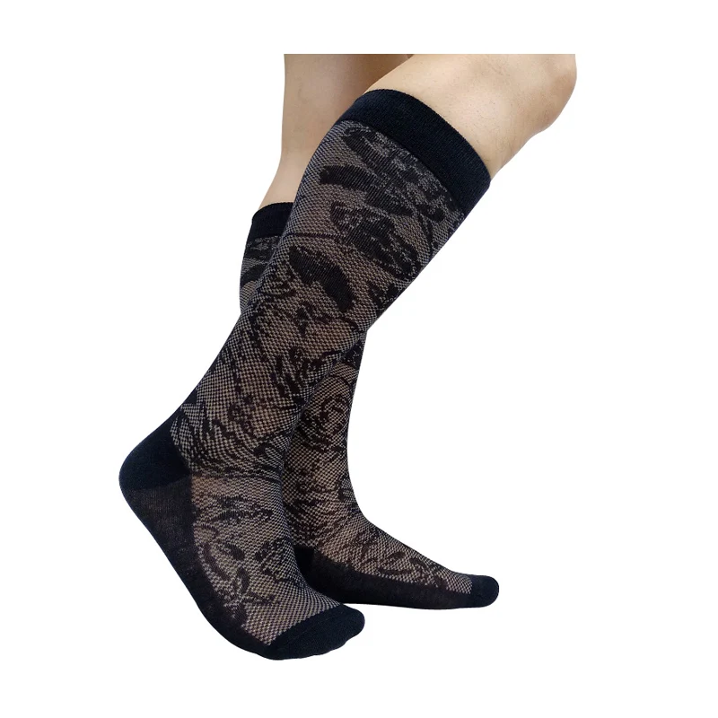 

Мягкие черные мужские носки с цветочной сеткой, деловой костюм для джентльменов, длинные носки-трубы, сексуальные чулки, нижнее белье, мужской шланг, прозрачный